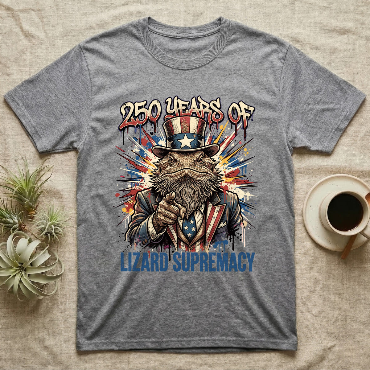 Bearded Dragon Uncle Sam T-Shirt in Sport Grey — Splatter-art bearded dragon as Uncle Sam pointing forward under text 250 Years of Lizard Supremacy.
