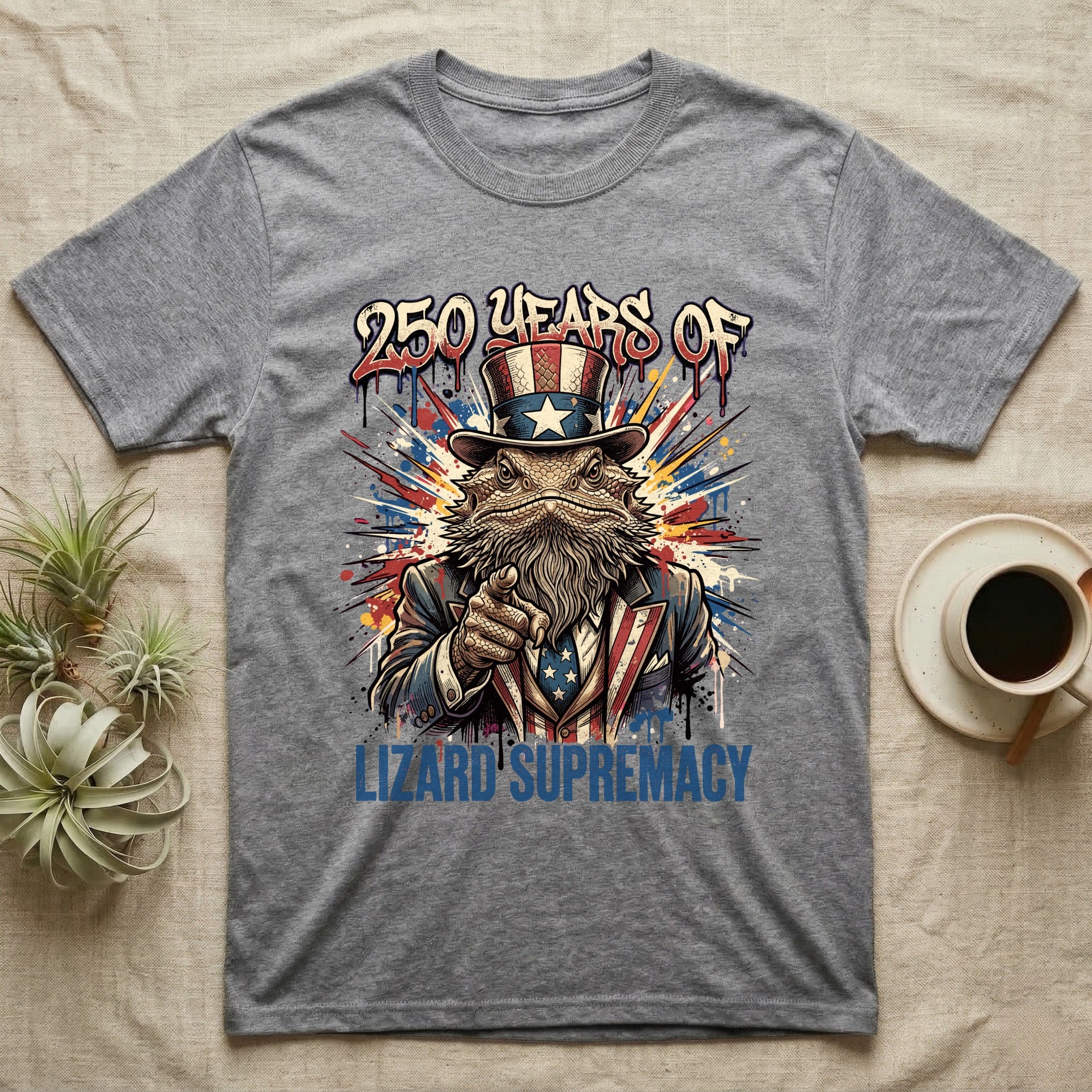 Bearded Dragon Uncle Sam T-Shirt in Sport Grey — Splatter-art bearded dragon as Uncle Sam pointing forward under text 250 Years of Lizard Supremacy.