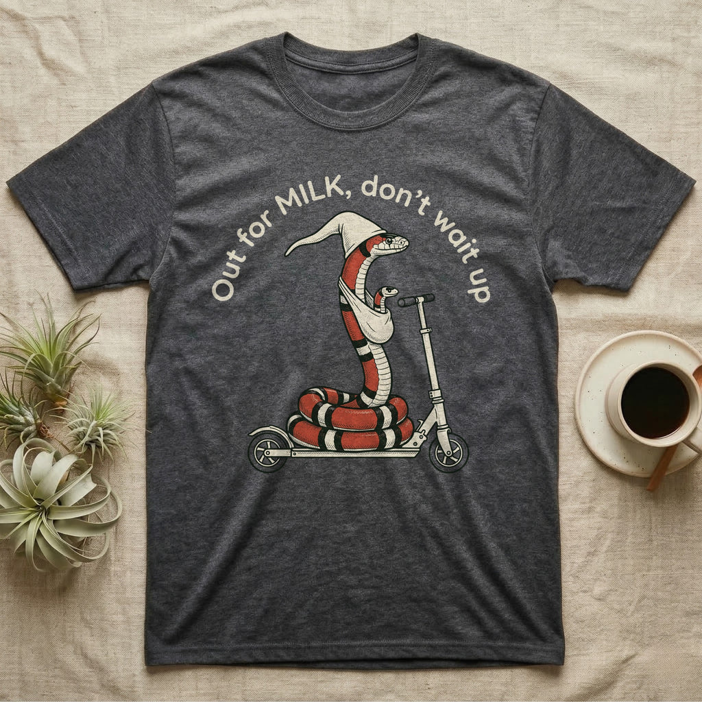 Milk Snake Scooter T-Shirt in Dark Heather — Milk snake in a white cap riding a kick scooter with a baby snake in a sling, under the curved words Out for MILK, don't wait up.