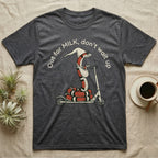 Milk Snake Scooter T-Shirt in Dark Heather — Milk snake in a white cap riding a kick scooter with a baby snake in a sling, under the curved words Out for MILK, don't wait up.