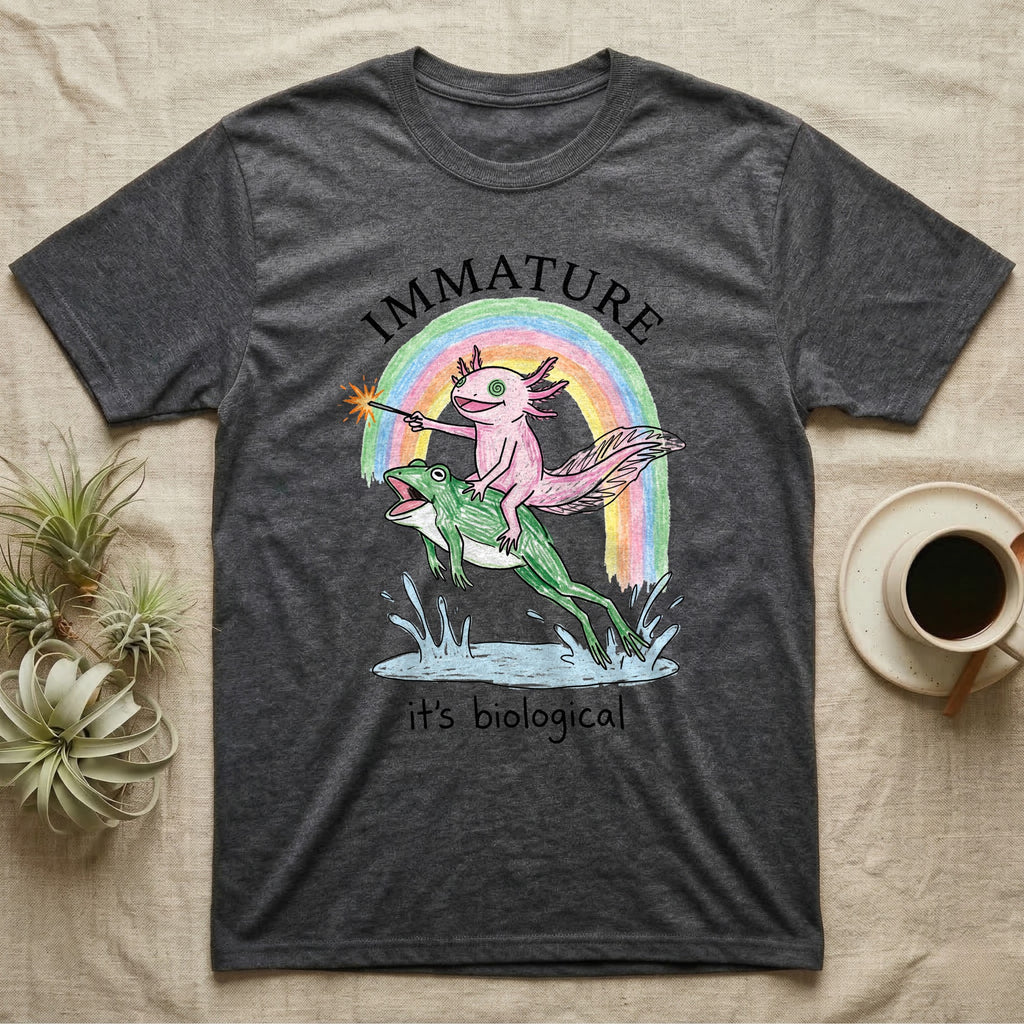 Axolotl Immature T-Shirt in Dark Heather — Crayon drawing of a pink axolotl riding a leaping green frog through a rainbow, sparkler lit, under IMMATURE