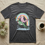 Axolotl Immature T-Shirt in Dark Heather — Crayon drawing of a pink axolotl riding a leaping green frog through a rainbow, sparkler lit, under IMMATURE