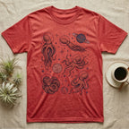 Red t-shirt with navy blue celestial octopus and planet graphic.