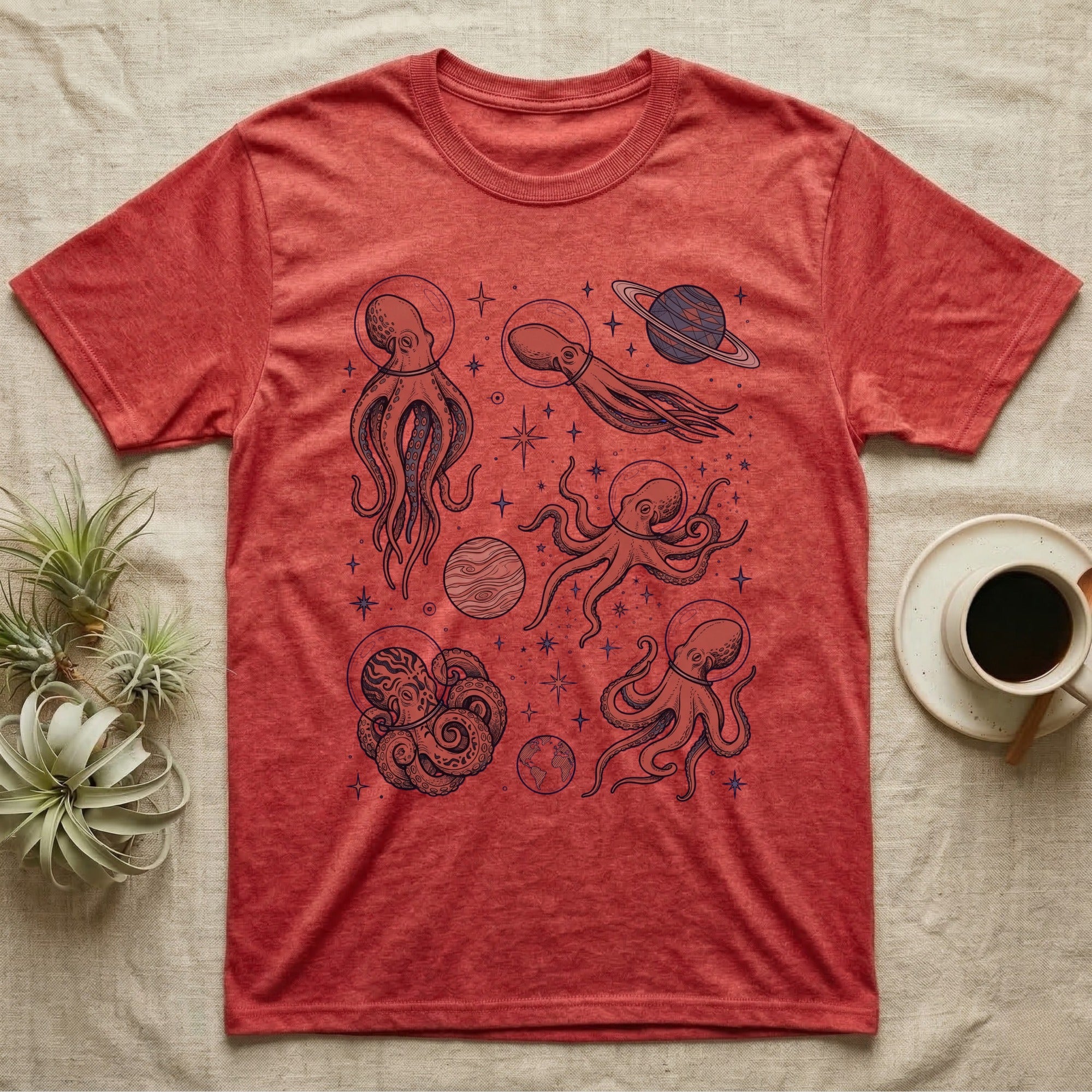Red t-shirt with navy blue celestial octopus and planet graphic.