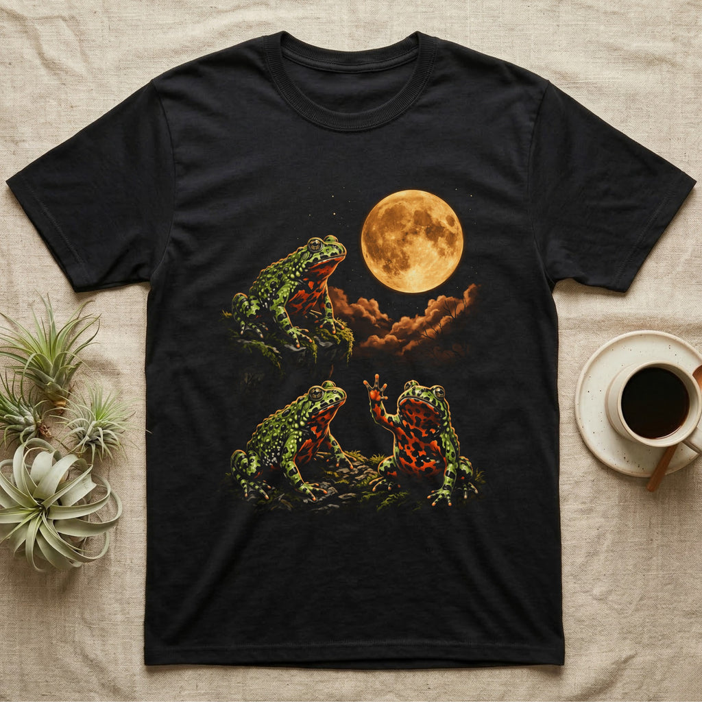 Fire-Bellied Toad Moon T-Shirt in Black — Three fire-bellied toads under a glowing amber full moon, one on a mossy ledge, one reaching a front foot up at the moon