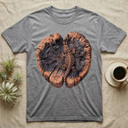 Bearded Dragon Basking Rings T-Shirt in Sport Grey — Top-down illustration of a bearded dragon splayed flat on a cross-section log slab of terracotta growth rings with bracket fungus, no on-shirt text.