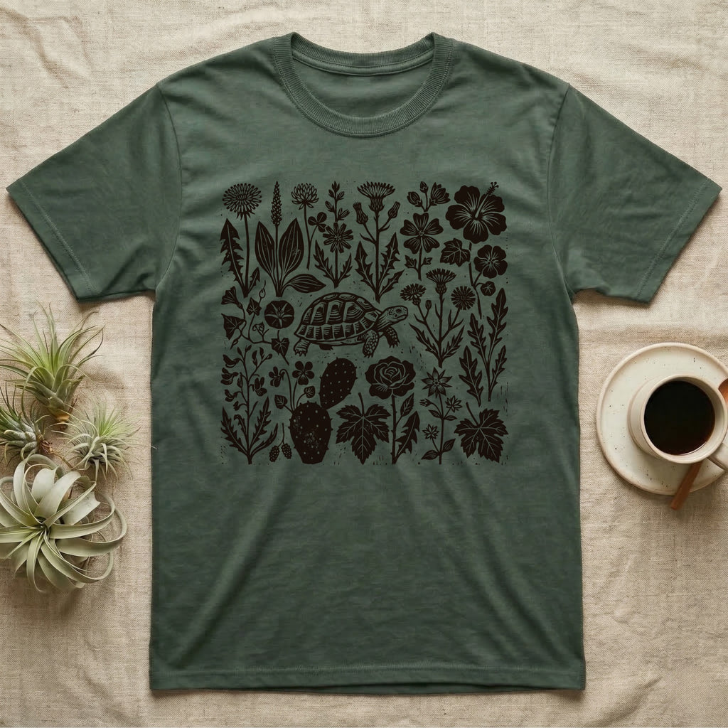 Hermann's Tortoise Forage T-Shirt in Military Green — One-ink linocut of twenty forage plants with a small Hermann's tortoise walking among them