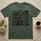 Hermann's Tortoise Forage T-Shirt in Military Green — One-ink linocut of twenty forage plants with a small Hermann's tortoise walking among them