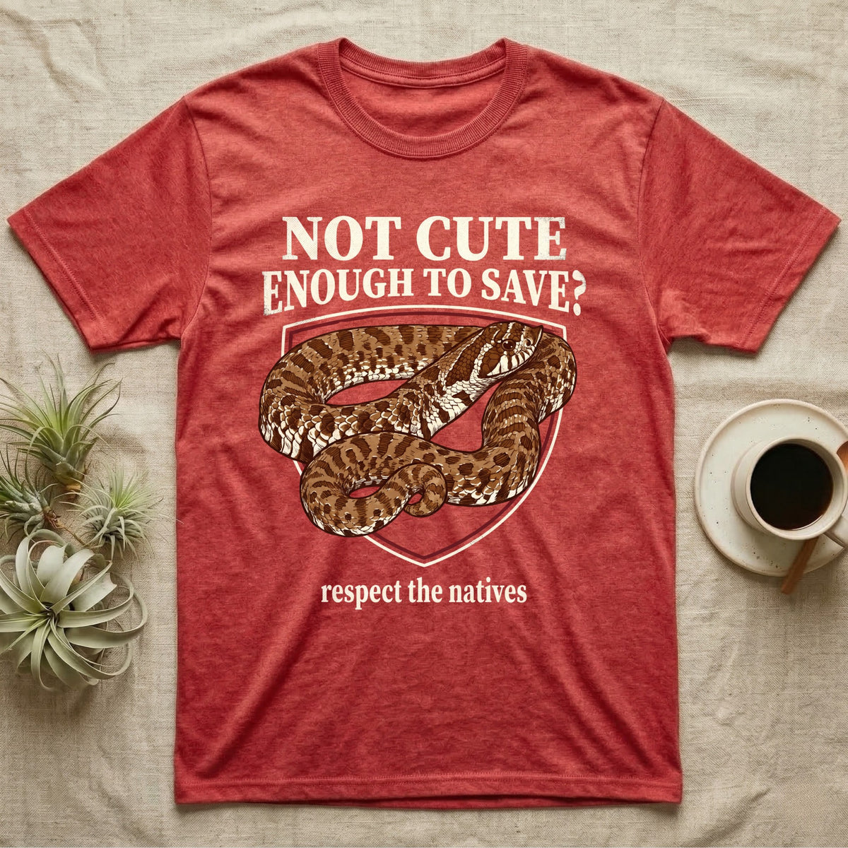Hognose Snake Conservation T-Shirt in Heather Red — Vintage-poster illustration of a western hognose snake portrait in a sepia crest with conservation banner text.