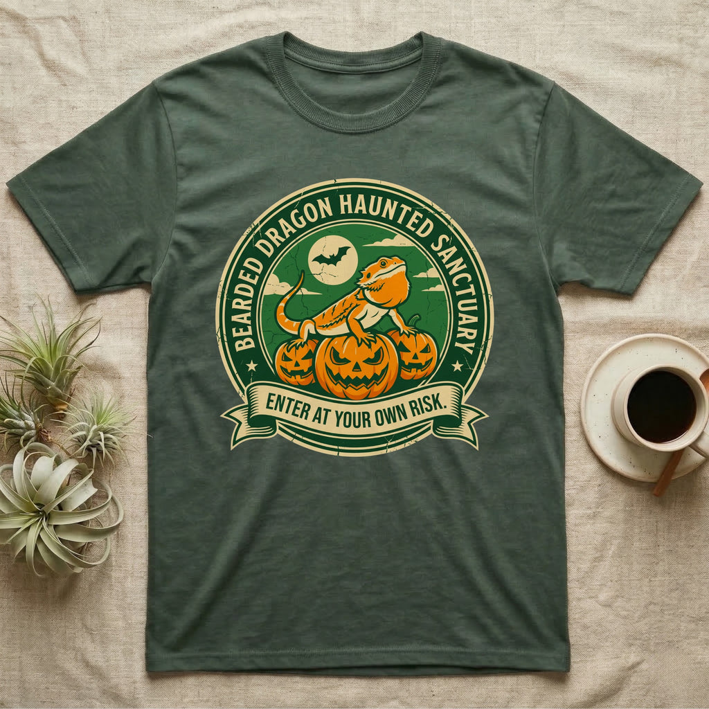 Bearded Dragon Haunted Sanctuary T-Shirt in Military Green — Vintage badge of a bearded dragon on glowing pumpkins under a moon, "Bearded Dragon Haunted Sanctuary."