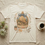 Cream t-shirt featuring a watercolor terrarium with a leopard gecko and "Home is here" tag.