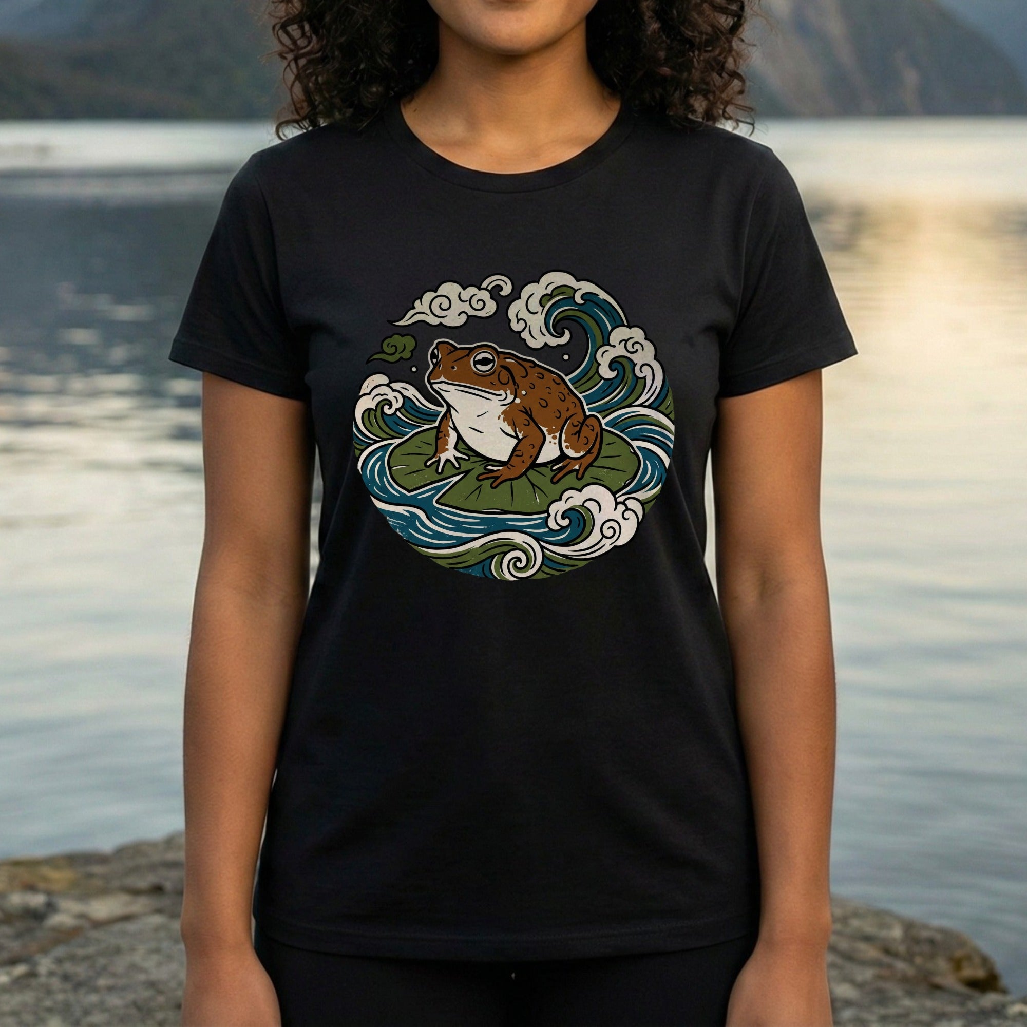Detailed Frog and Lily Pad Design on Black Shirt