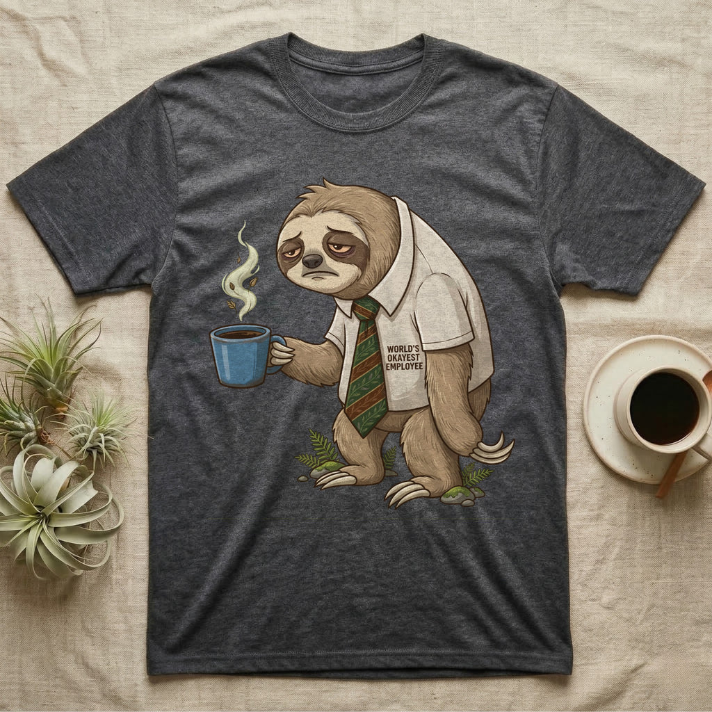 T-shirt with a tired sloth holding a coffee mug, text reads "World's Okayest Employee".