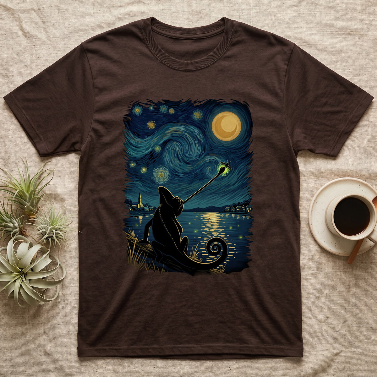 Veiled Chameleon Firefly T-Shirt in Dark Chocolate — Veiled chameleon silhouette from behind catching a glowing firefly with its tongue in a swirling painted night sky