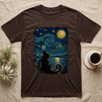 Veiled Chameleon Firefly T-Shirt in Dark Chocolate — Veiled chameleon silhouette from behind catching a glowing firefly with its tongue in a swirling painted night sky