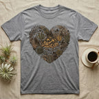 Grey t-shirt with heart-shaped botanical design featuring a tortoise.