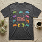 Chameleon Moody T-Shirt in Dark Heather — Ten cartoon chameleons in different colours and moods around the coral-pink words MOODY COLOR-CODED