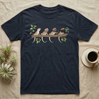 Bearded Dragon Beard States T-Shirt in Navy — Watercolour illustration of four bearded dragons on a branch, each with a different beard and mouth state.