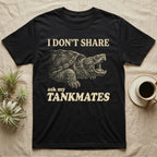 Snapping Turtle Gape T-Shirt in Black — Cream engraved snapping turtle on black, beak wide open, under cream words: I DON'T SHARE, ask my TANKMATES