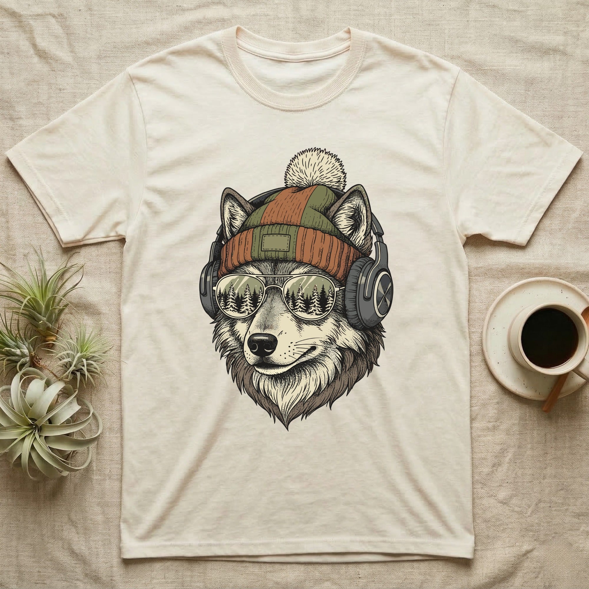 Wolf wearing headphones and beanie, with forest trees reflected in sunglasses.