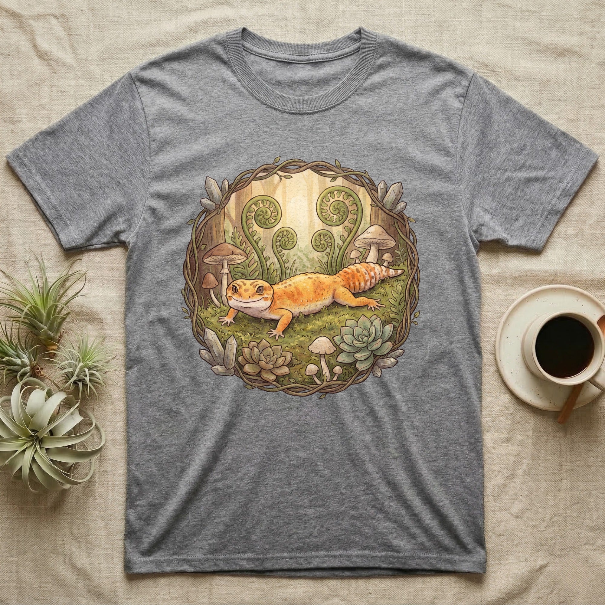 Gray t-shirt with a print of a gecko surrounded by ferns and mushrooms.