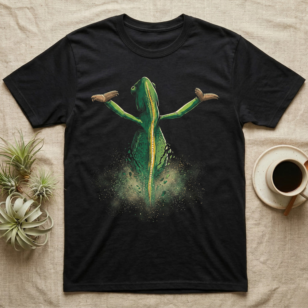 Vintage comic illustration of a veiled chameleon seen from behind, arms raised, lower body dissolving into glowing dust and scale fragments, graphic-only, no text. — shown on a Black tee.
