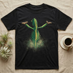 Vintage comic illustration of a veiled chameleon seen from behind, arms raised, lower body dissolving into glowing dust and scale fragments, graphic-only, no text. — shown on a Black tee.