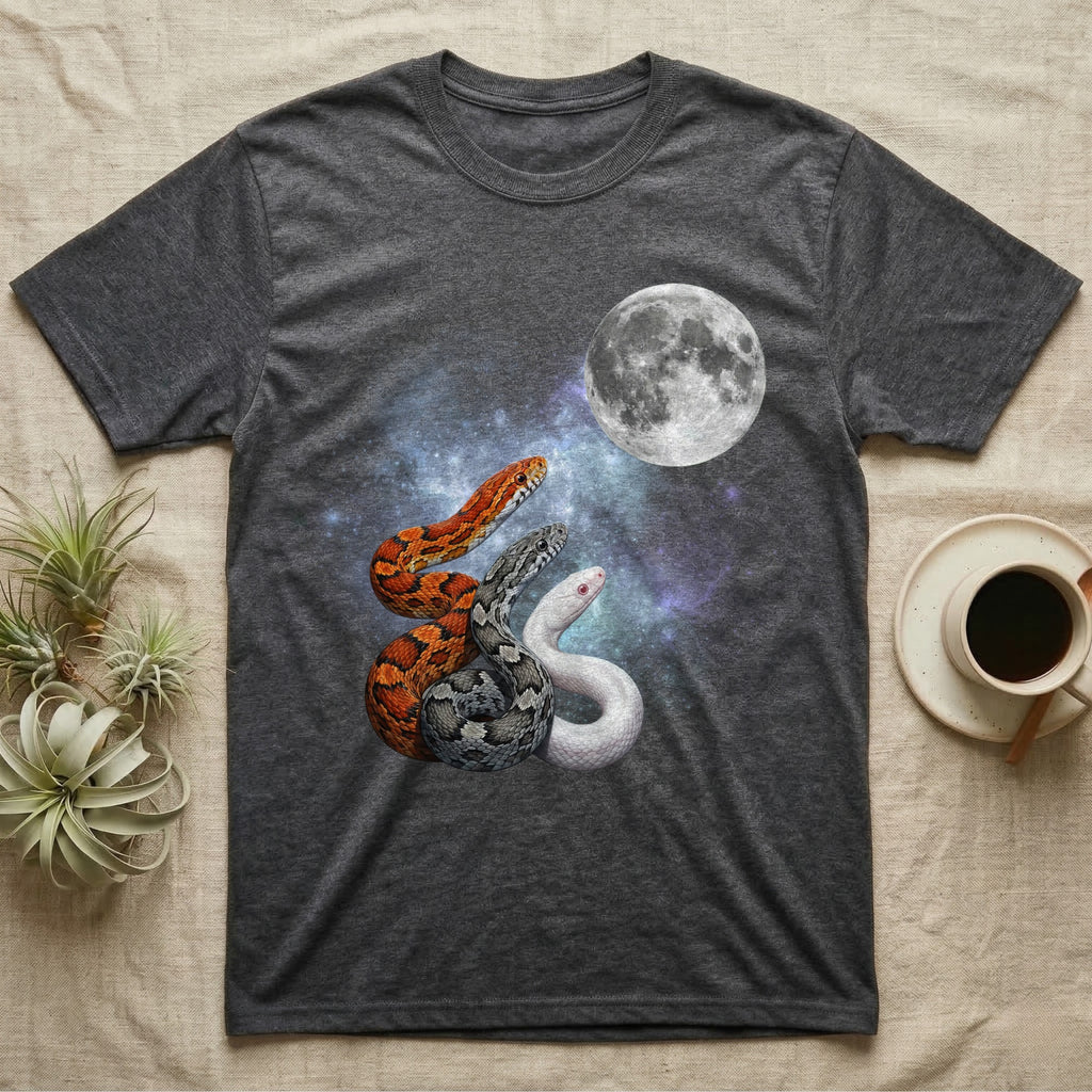 Corn Snake Moon Howl T-Shirt in Dark Heather — Three Corn Snake colour morphs howling at a full moon over a nebula on a dark grey t-shirt.