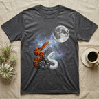 Corn Snake Moon Howl T-Shirt in Dark Heather — Three Corn Snake colour morphs howling at a full moon over a nebula on a dark grey t-shirt.