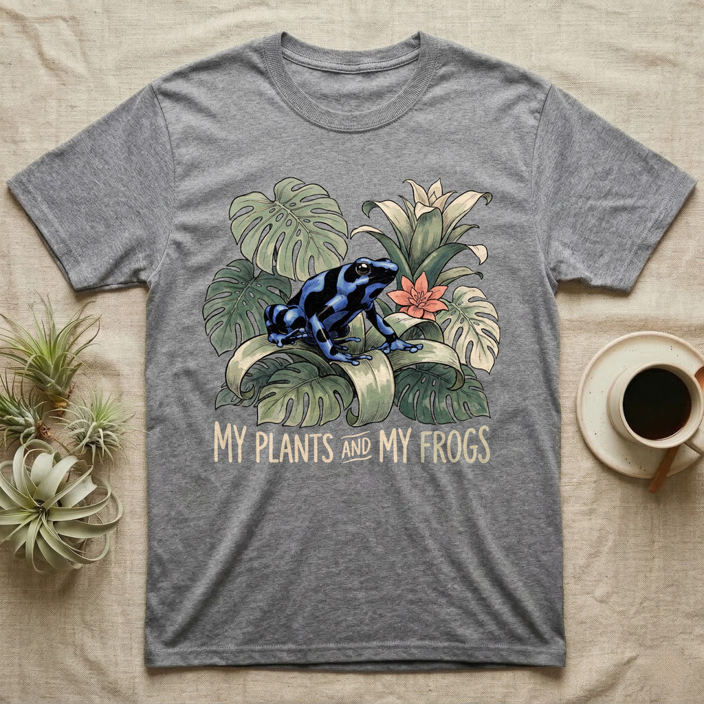 Plants And Frogs T-Shirt in Sport Grey — Naturalist-plate illustration of a dart frog perched in lush foliage with hand-lettered text reading My Plants And My Frogs.