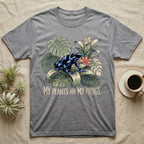Plants And Frogs T-Shirt in Sport Grey — Naturalist-plate illustration of a dart frog perched in lush foliage with hand-lettered text reading My Plants And My Frogs.