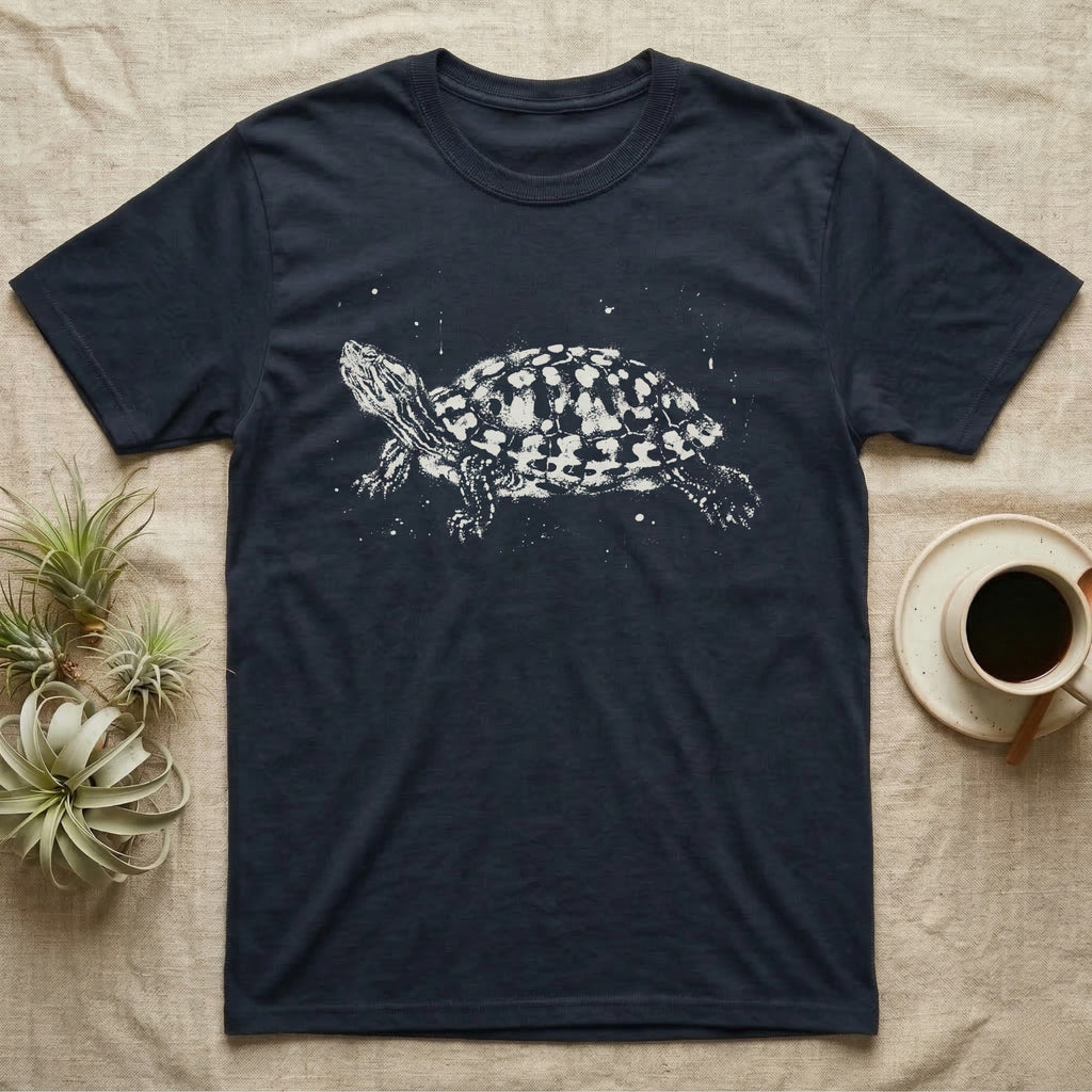 Red-Eared Slider Bleach T-Shirt in Navy — Red-eared slider in side view basking with its neck stretched out, made of pale bleach spatter on black