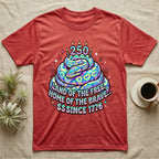 Ball Python Birthday Cake T-Shirt in Heather Red — Y2K pastel ball python coiled as a birthday cake with 250 candles and bubble text Land of the Free, Sssince 1776.