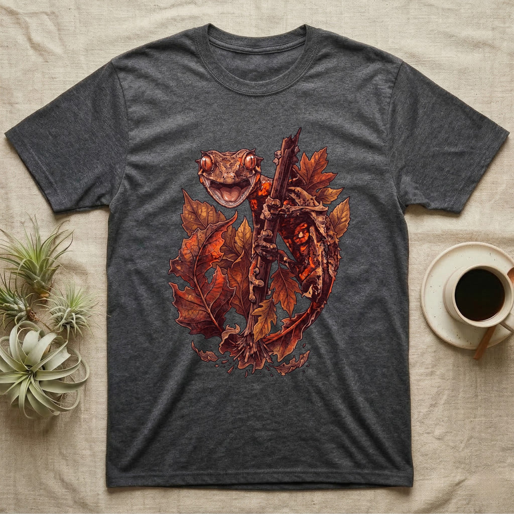 Satanic Leaf-Tailed Gecko Autumn T-Shirt in Dark Heather — Painted illustration of a satanic leaf-tailed gecko gripping a bare stem among dried autumn leaves in rust and amber, no on-shirt text.