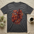 Satanic Leaf-Tailed Gecko Autumn T-Shirt in Dark Heather — Painted illustration of a satanic leaf-tailed gecko gripping a bare stem among dried autumn leaves in rust and amber, no on-shirt text.