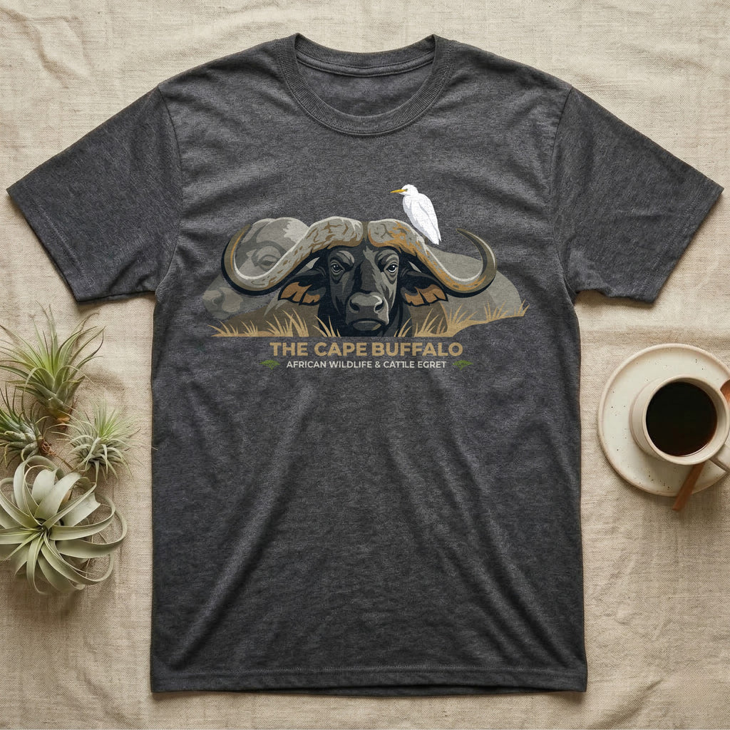 Charcoal t-shirt with cape buffalo and cattle egret graphic.