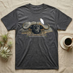 Charcoal t-shirt with cape buffalo and cattle egret graphic.