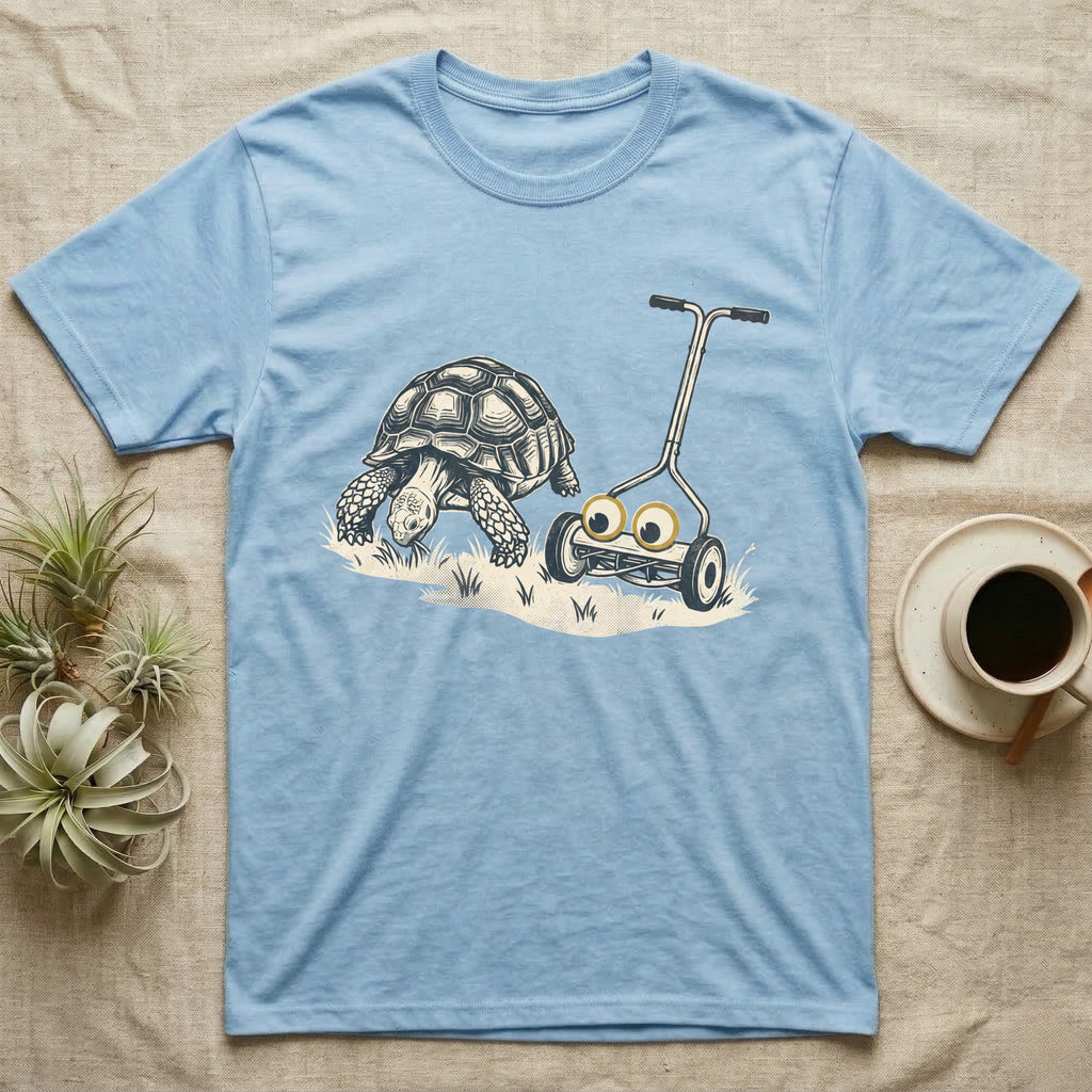 Tortoise Lawnmower Googly T-Shirt in Light Blue — Linocut illustration of a sulcata tortoise grazing beside a push mower wearing oversized googly eyes.