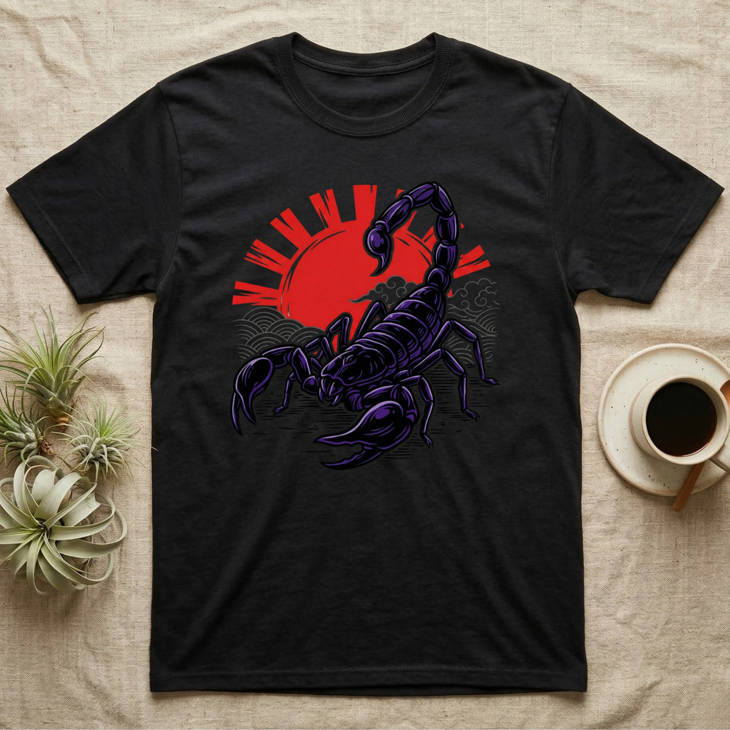 Black t-shirt with a purple scorpion and red sun design.