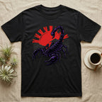 Black t-shirt with a purple scorpion and red sun design.