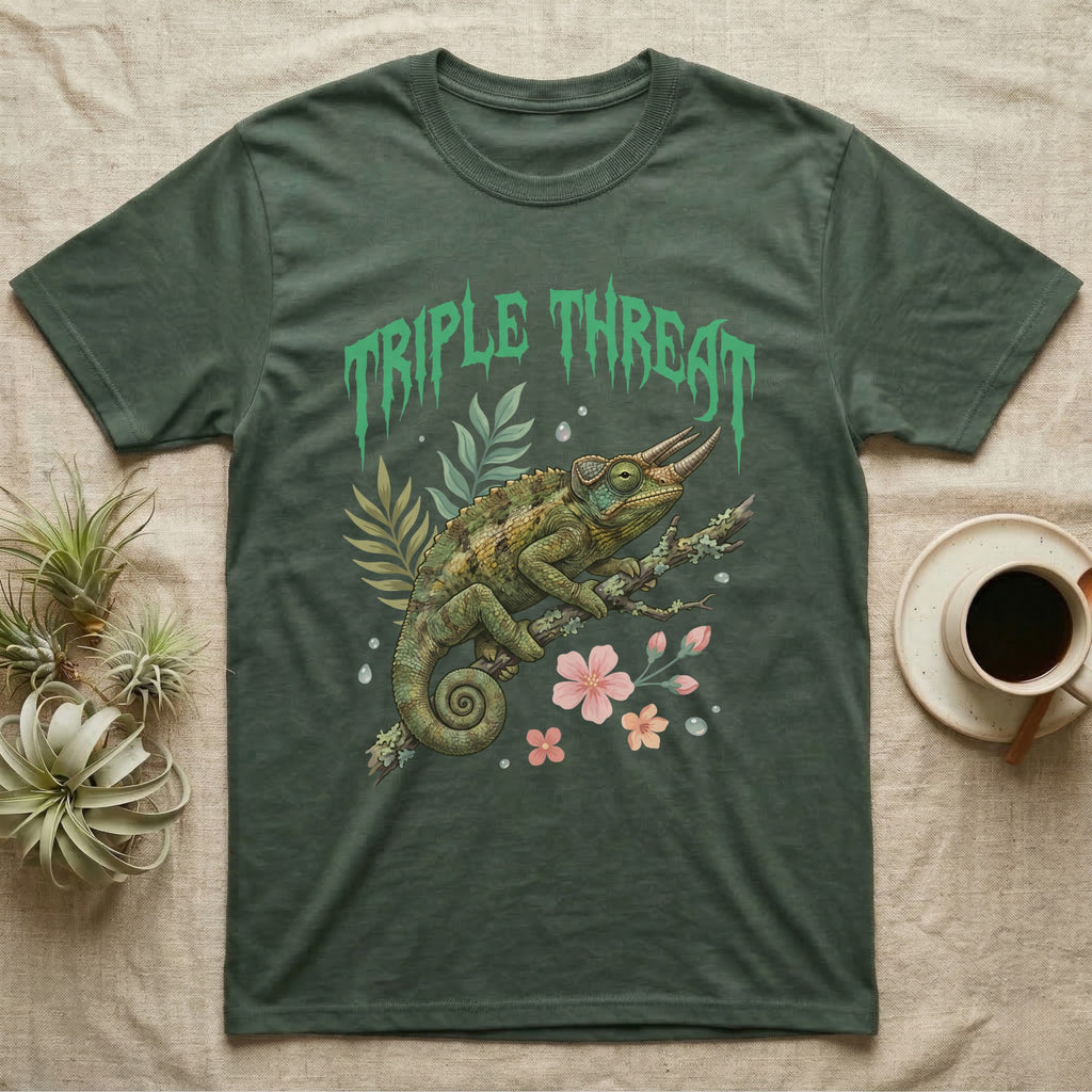 Jackson's Chameleon Feral T-Shirt in Military Green — Three-horned Jackson's chameleon on a branch below a dripping jade-green metal "Triple Threat" wordmark