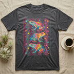 Dart Frog Disco Stripes T-Shirt in Dark Heather — Three rainbow poison dart frog morphs stacked on a pink-and-cream candy-stripe field with scattered stars.