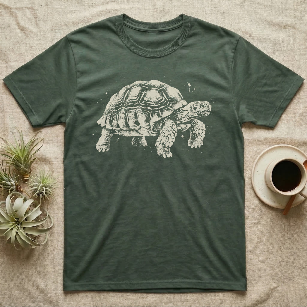 Sulcata Bleach Spatter T-Shirt in Military Green — Sulcata tortoise marching to the right, head up and one scaly front leg mid-step, formed from pale bleach spatter on black.