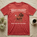 Reptile Roach Colony T-Shirt in Heather Red — Vintage engraving of a dubia roach lounging in a camp chair with coffee under arched text What Colony on charcoal grey