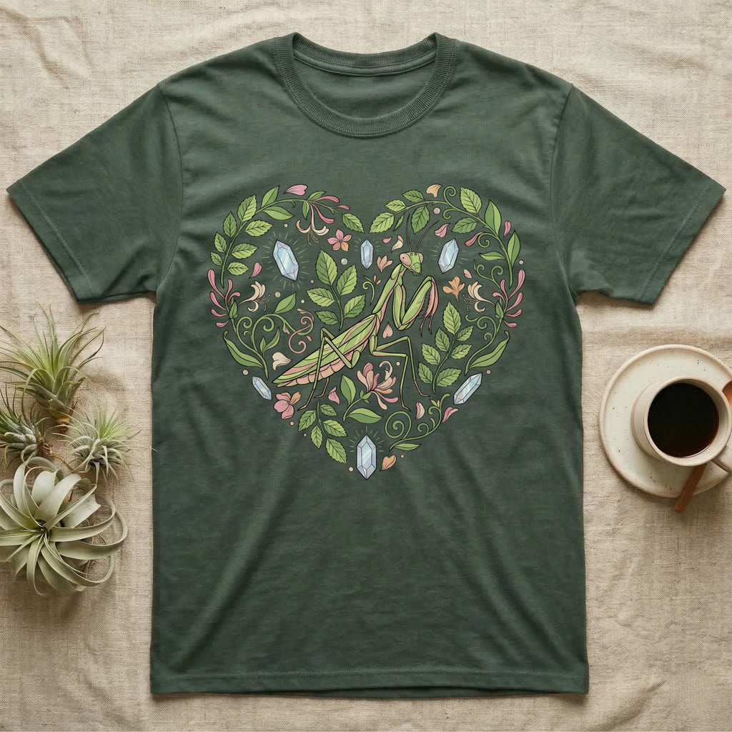 Green t-shirt with a heart-shaped floral design featuring a praying mantis and crystals.