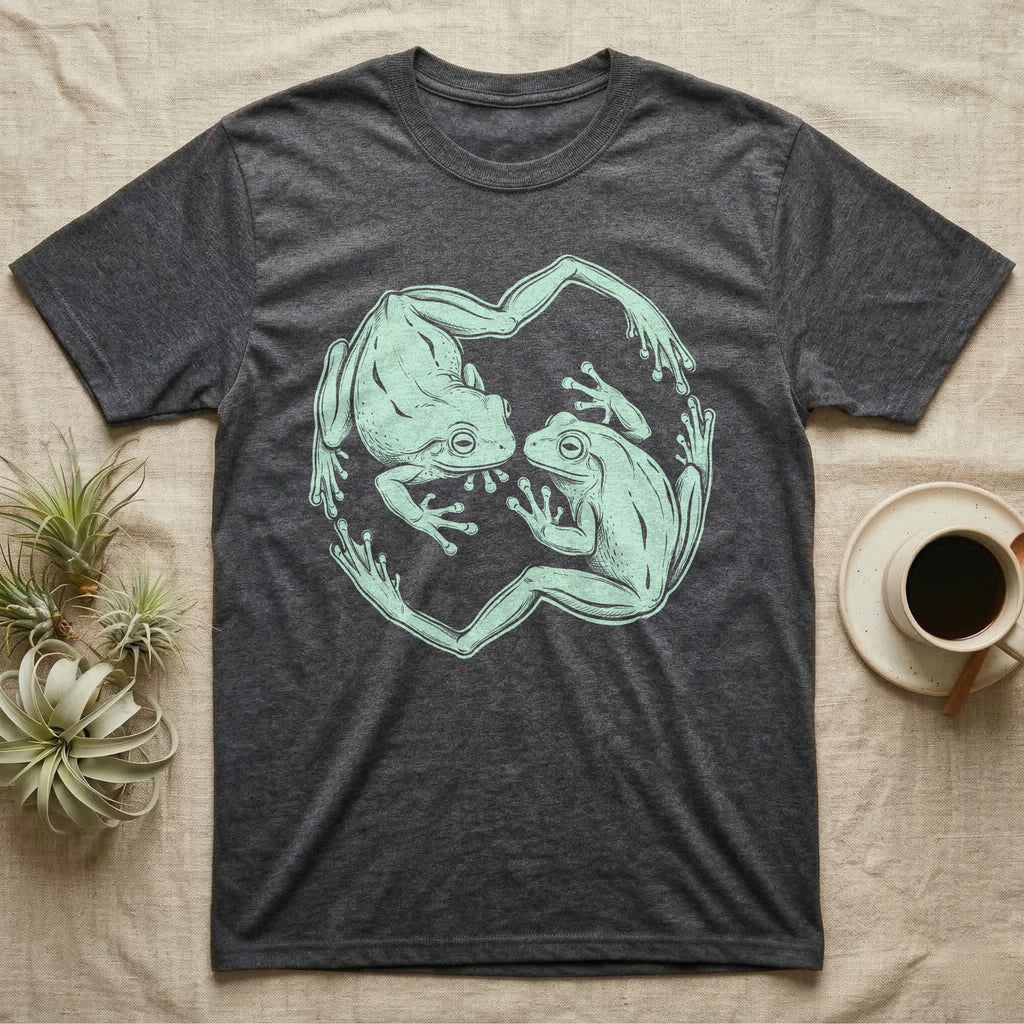White's Tree Frog Roundel T-Shirt in Dark Heather — Brush line art of two White's tree frogs facing each other, bodies curving into a circle, on grey