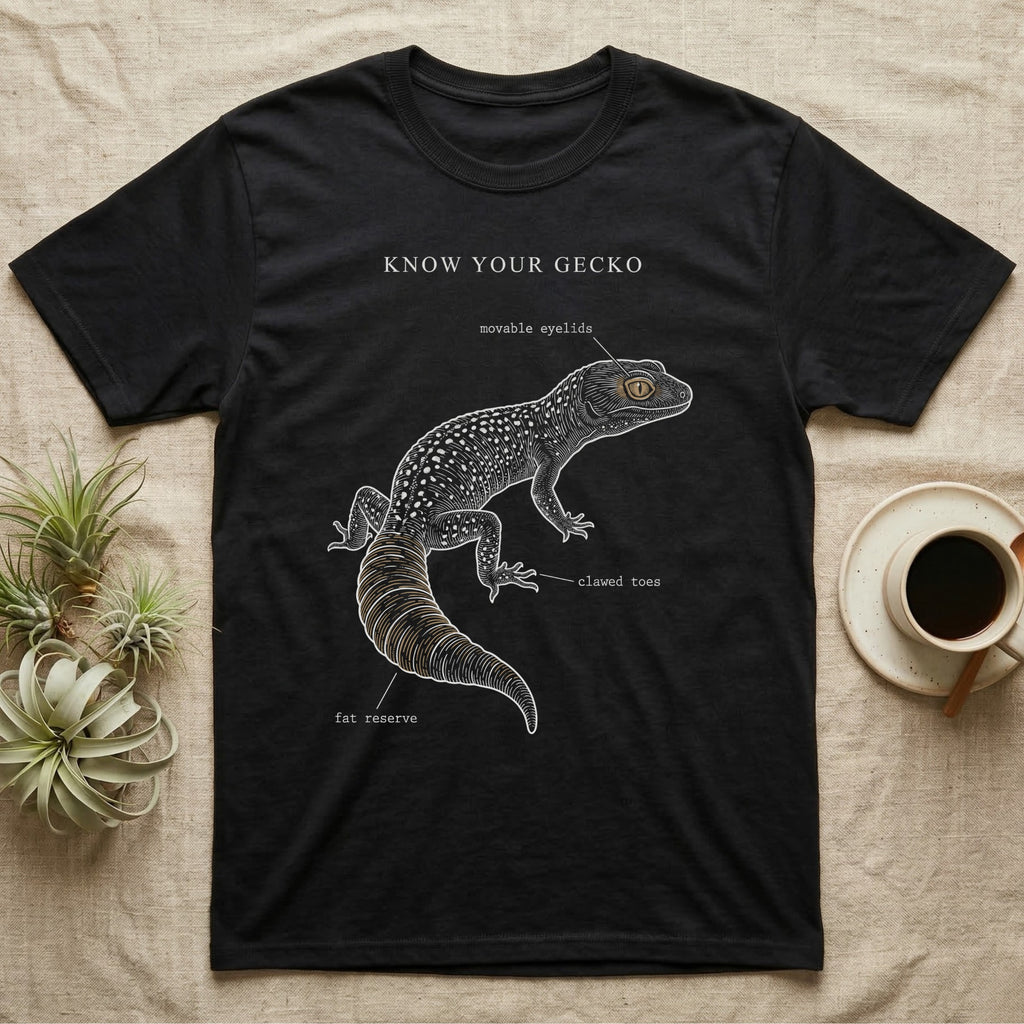 Leopard Gecko Anatomy T-Shirt in Black — One-ink leopard gecko specimen with "Know Your Gecko" header and handwritten labels for eyelids, tail, toes.
