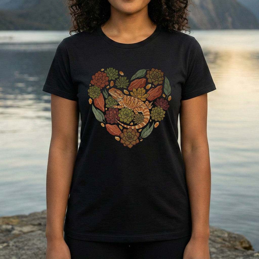 Colorful Gecko and Succulents Heart Design T-shirt