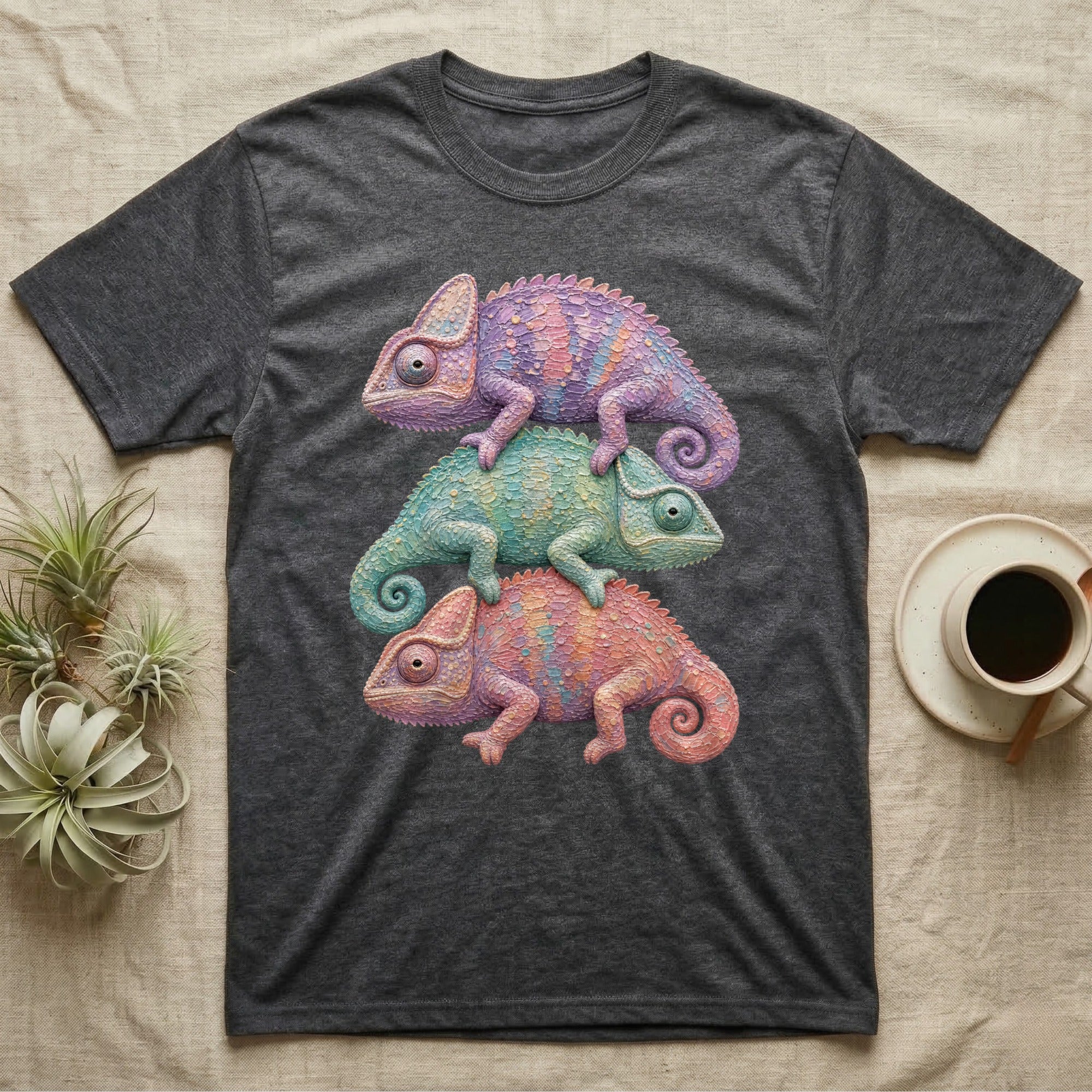 Three colorful chameleons stacked on a dark gray t-shirt.