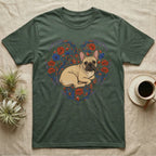 French bulldog illustration within a floral heart design on a green t-shirt.